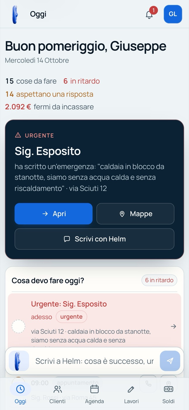 Helm dal telefono, la schermata Oggi con le cose da fare e un'urgenza in cima